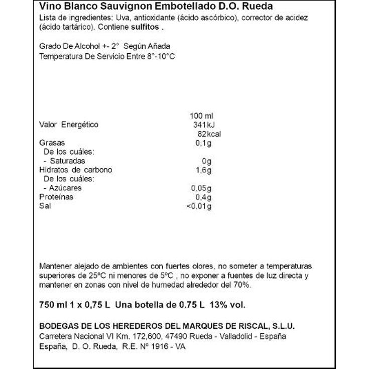 VINO BLANCO RUE.SAUVIGNON 12,5º MARQ.RISCAL BTLLA 75 CL