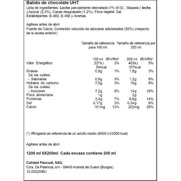 BATIDO CHOCOLATE BRIK 6X200 ML PASCUAL PACK 1200 ML
