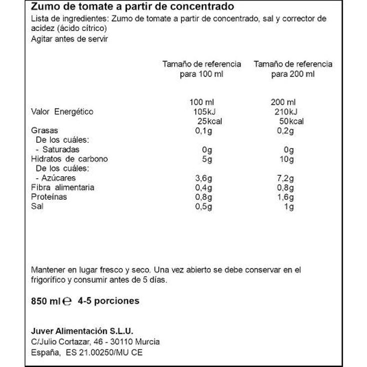 ZUMO TOMATE JUVER FRASCO 850 ML