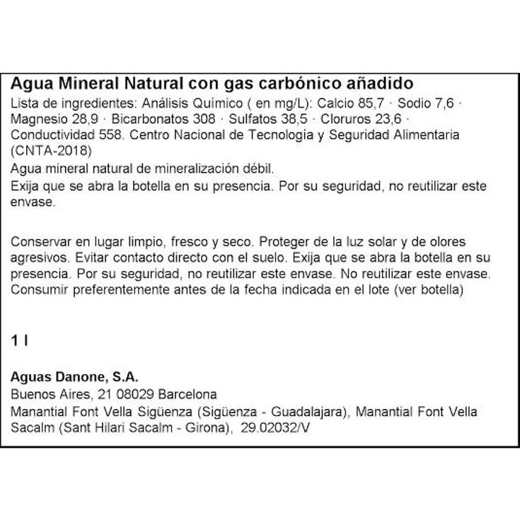 AGUA MINERAL CON GAS FONT VELLA BTLLA 1 LT