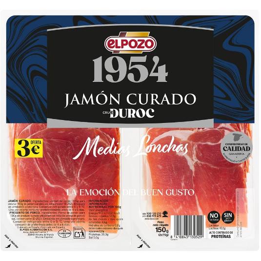 JAMON CURADO MEDIA LONCHA 2X80 ELPOZO PACK 160 GR