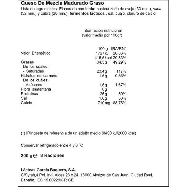 QUESO SEMICURADO EN LONCHAS G.BAQUERO SOBRE 200 GR