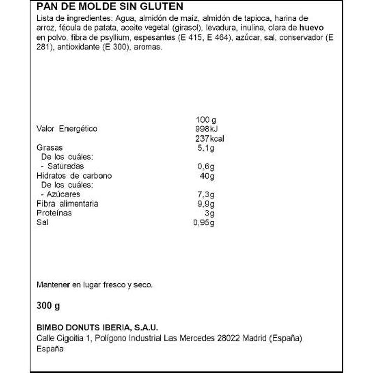 PAN MOLDE BLANCO SIN GLUTEN BIMBO PQTE 300 GR