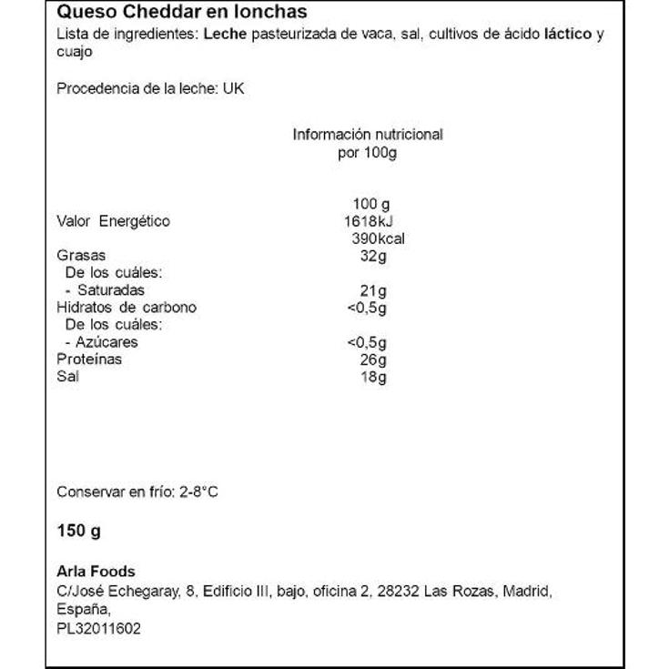 QUESO CHEDDAR LONCHAS ARLA SOBRE 150 GR