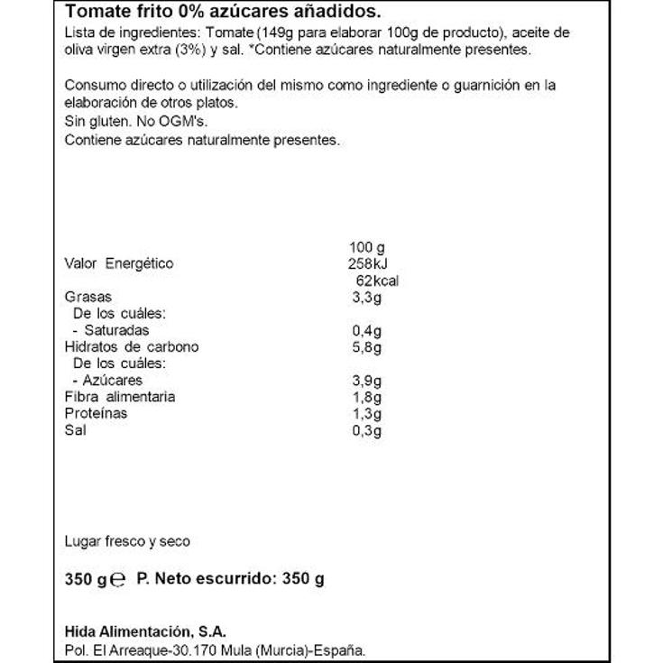 TOMATE FRITO 0% AZUCARES AÑAD. HIDA FRASCO 350 GR