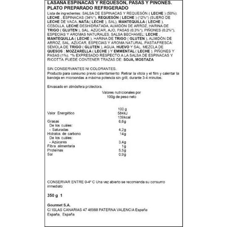 LASAÑA ESPINACAS RICOTTA RIKISSSIMO TRRNA 350 GR