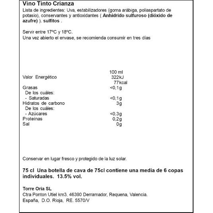 VINO TINTO RIOJA CRIANZA 13,5º TORRE ORIA BTLLA 75 CL