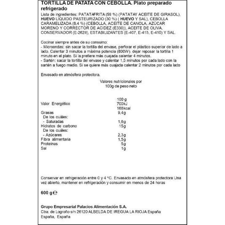 TORTILLA PATATAS FRESCA C/CEBOL RIKISSSIMO UNIDAD 600 GR