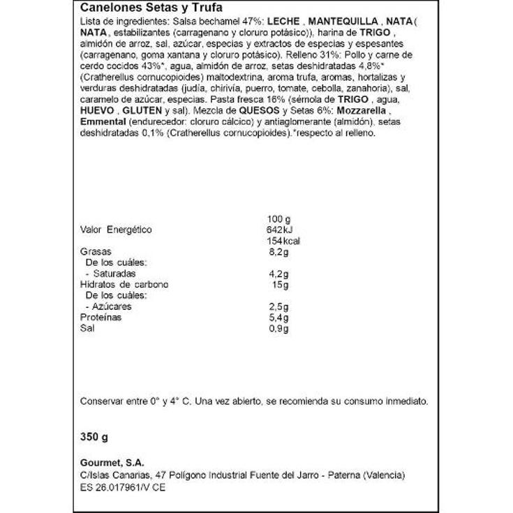 CANELONES SETAS TRUFA LA CUINA TRRNA 350 GR