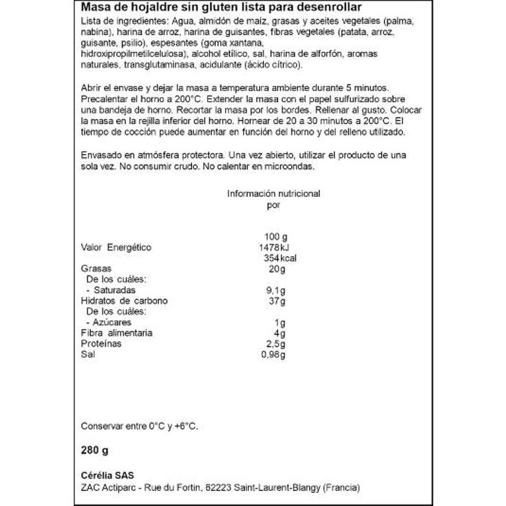 MASA REFRIG.HOJALDRE SIN GLUTEN UNIDAD 280 GR