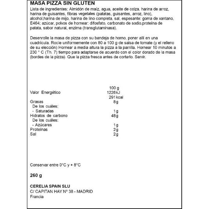 MASA REFRIG.PIZZA SIN GLUTEN UNIDAD 260 GR