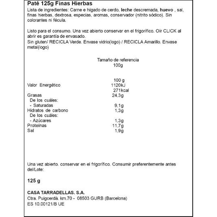 PATE FINAS HIERBAS TARRADELLAS FRASCO 125 GR