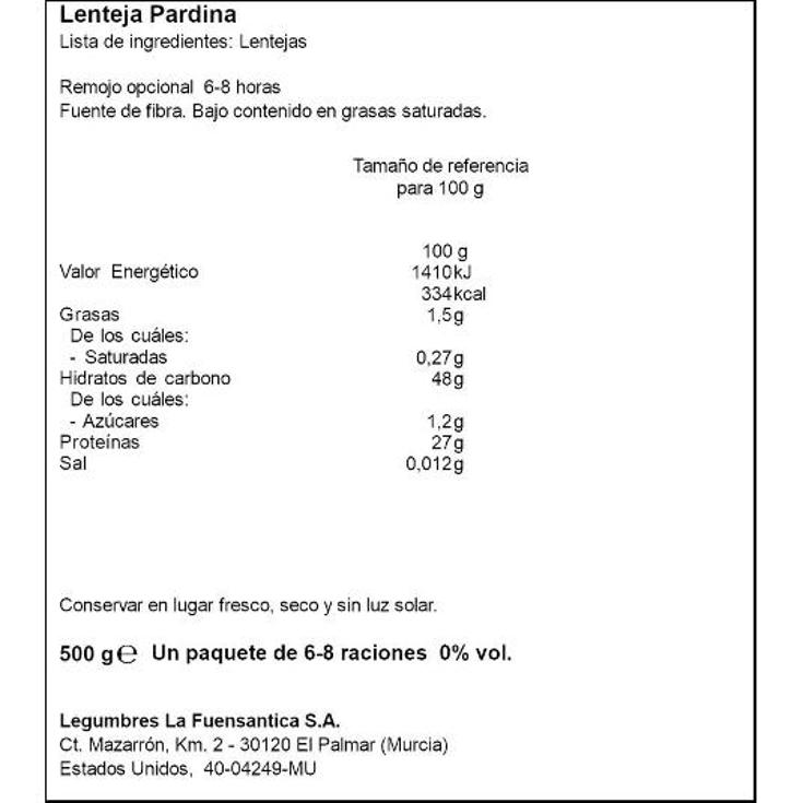 LENTEJAS PARDINA FUENSANTICA PQTE 500 GR