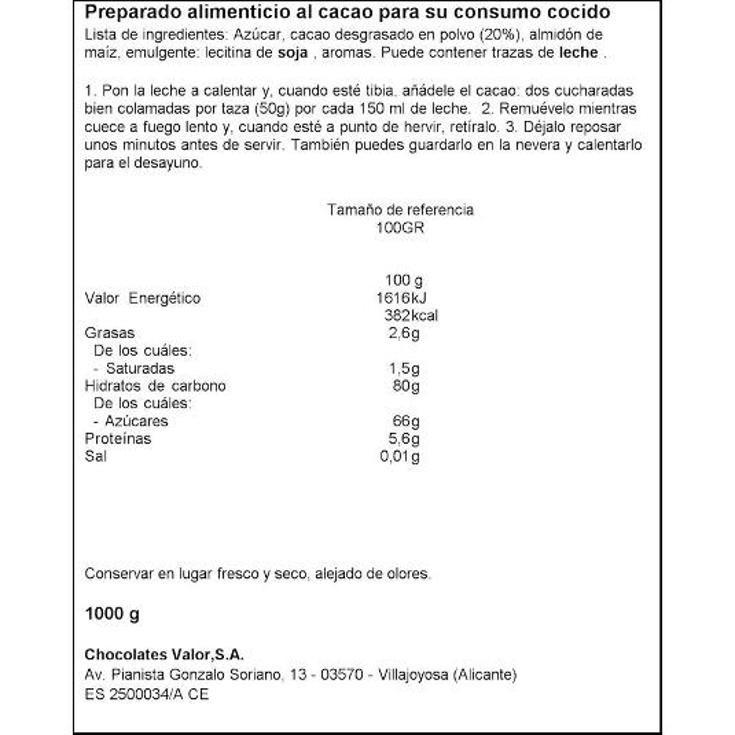 CHOCOLATE POLVO VALORCAO PQTE 1 KG