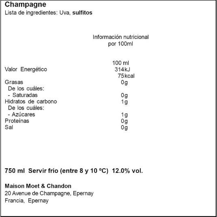 CHAMPAGNE BRUT IMPERIAL 12º MOET CHANDON BTLLA 75 CL