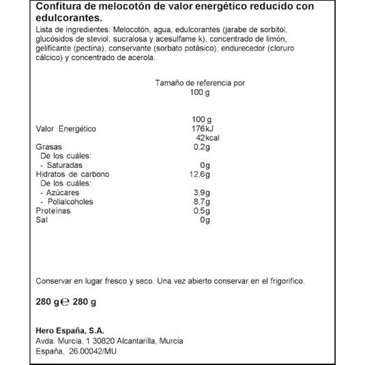 CONFITURA MELOCOTON 0% AZ.AÑAD. HERO FRASCO 280 GR