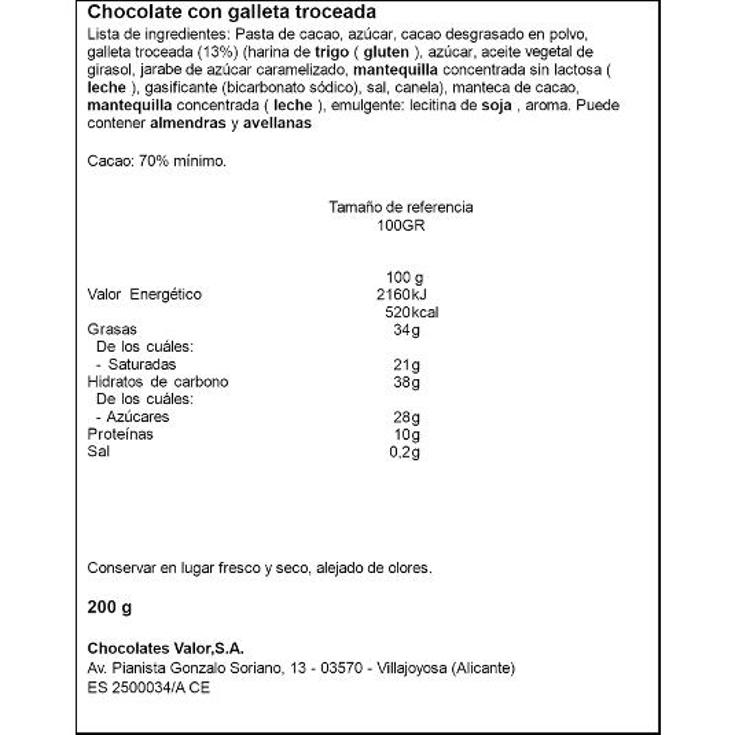 CHOCOLATE NEGRO 70% C/GTA.BELGA VALOR PTLLA 200 GR