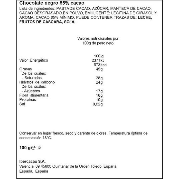 CHOCOLATE NEGRO 85% SPAR PTLLA 100 GR