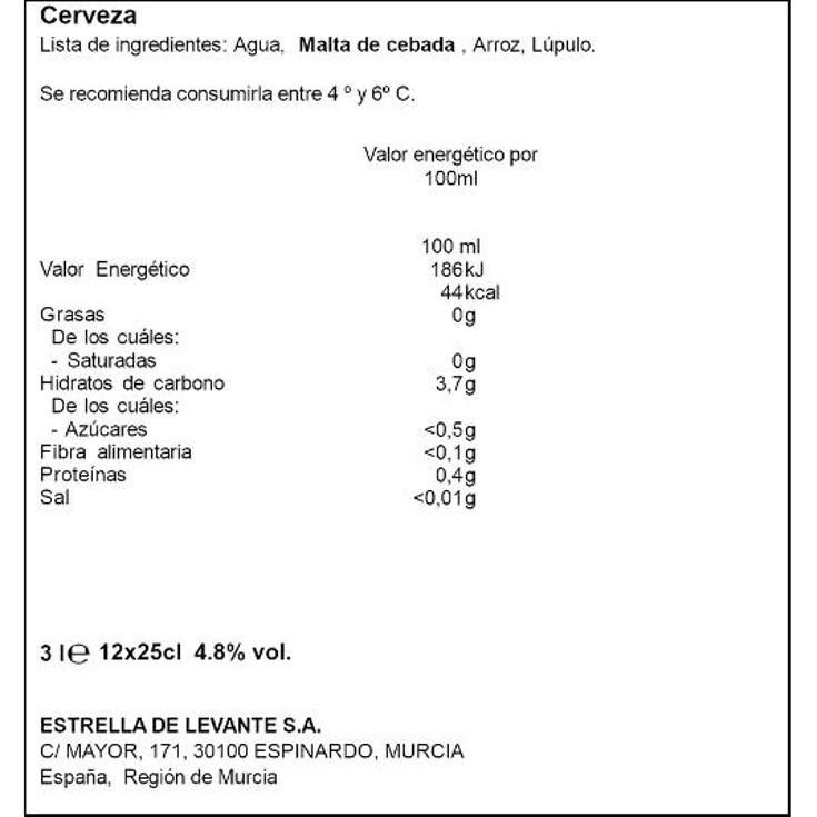 CERVEZA 12X25 CL 4,8º BTLLA ESTR.LEVANTE PACK 300 CL