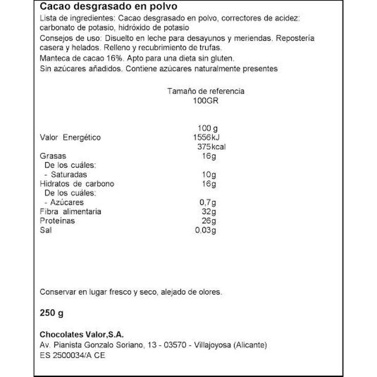 CACAO PURO POLVO DESGRASADO 0% VALOR BOTE 250 GR