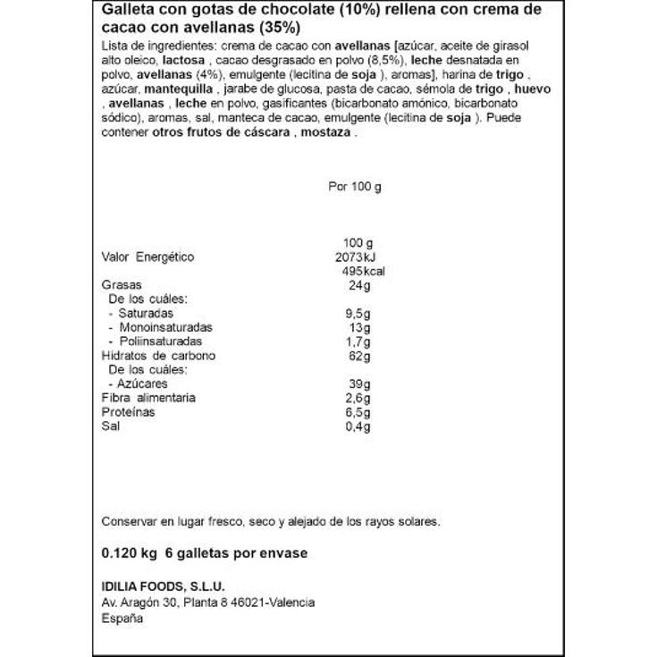 GALLETA COOKIES RELL.CHOCOLATE NOCILLA PQTE 120 GR