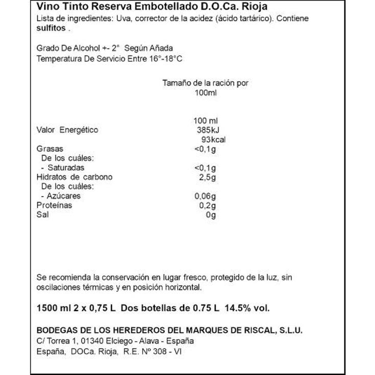 VINO TINTO RIOJA RESERVA 14º MARQ.RISCAL BTLLA 75 CL