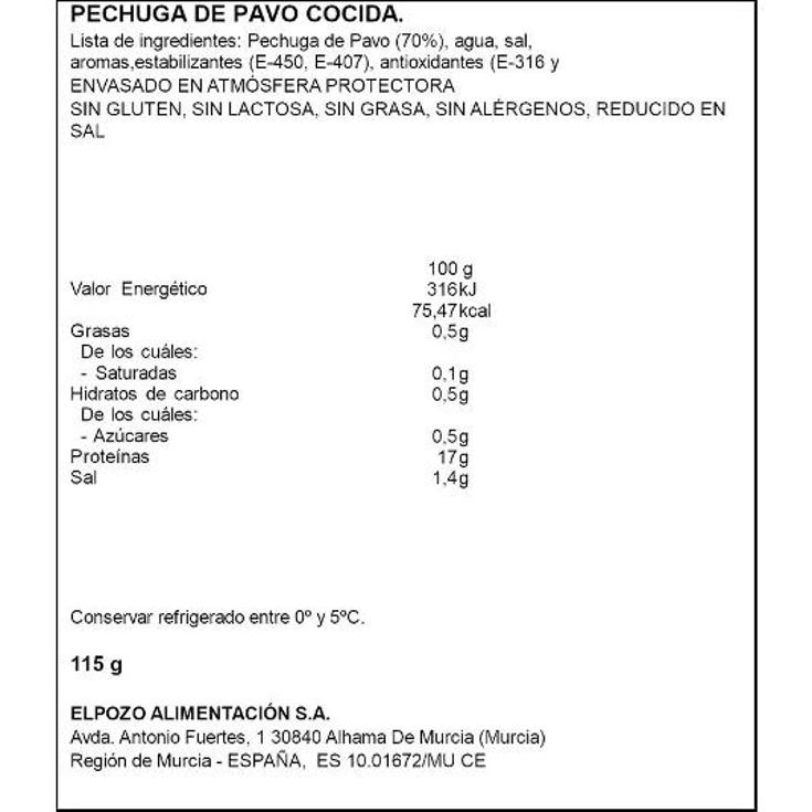 PECHUGA PAVO RED.SAL L/ALERGENO ELPOZO PQTE 115 GR