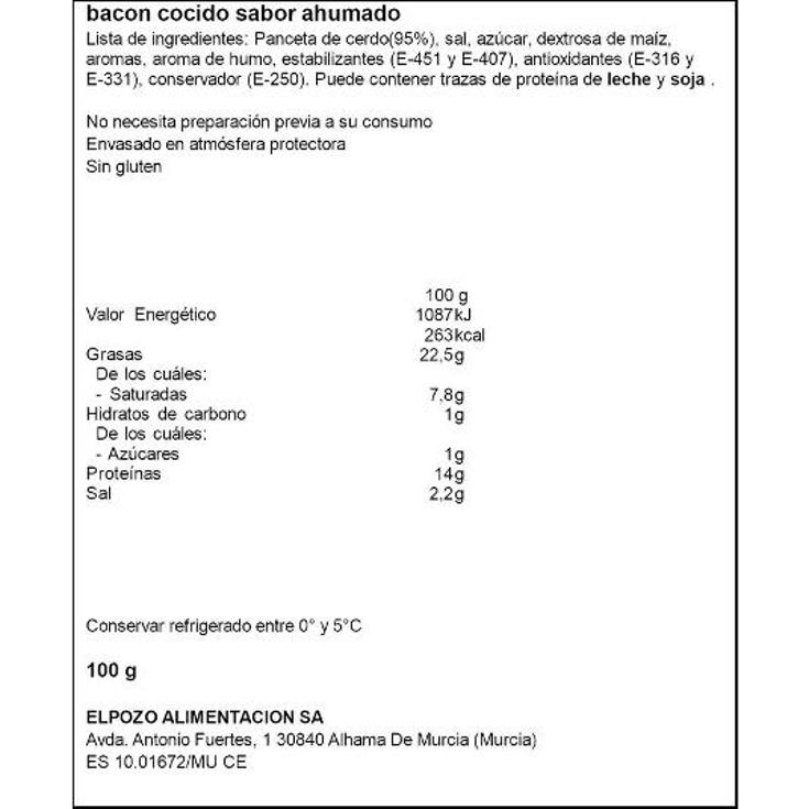 BACON TIRAS 2X50 ELPOZO PQTE 100 GR