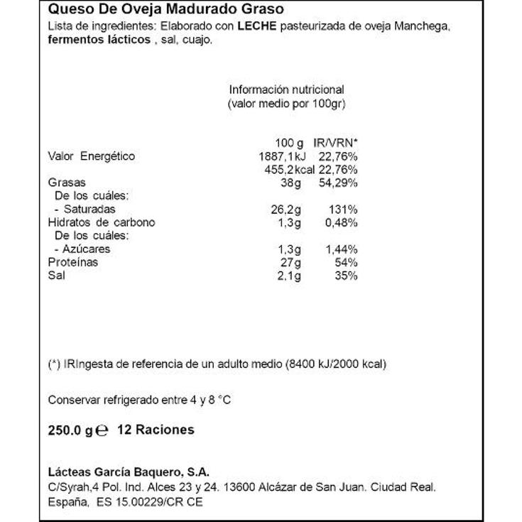 QUESO MANCHEGO VILLACENTENO DO G.BAQUERO CUÑA 250 GR