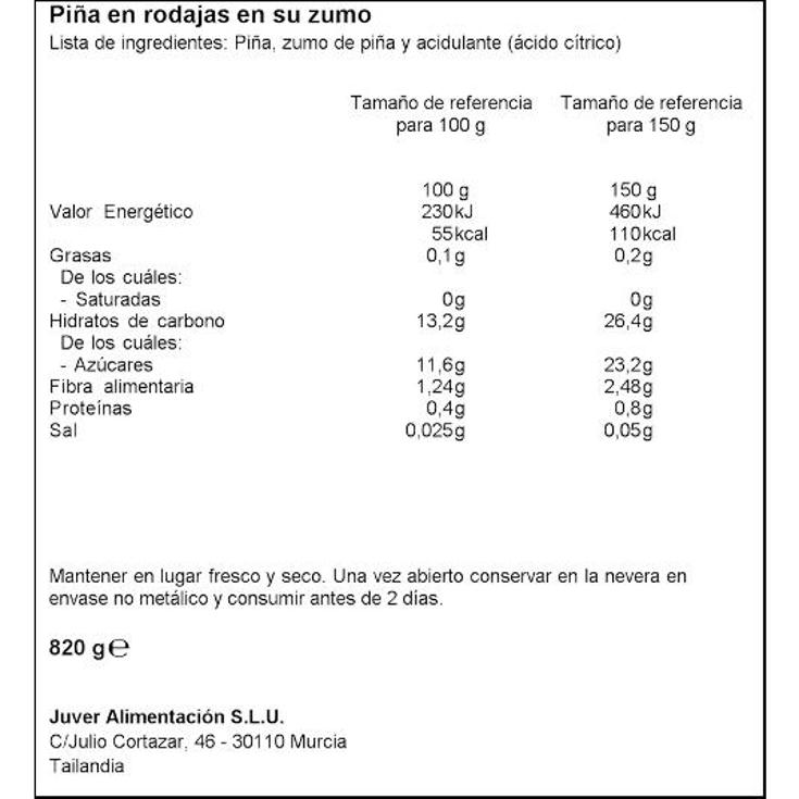 PIÑA RODAJAS EN SU JUGO JUVER LATA 490 GR