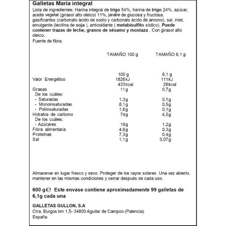 GALLETAS MARIA INTEGRAL GULLON CAJA 600 GR