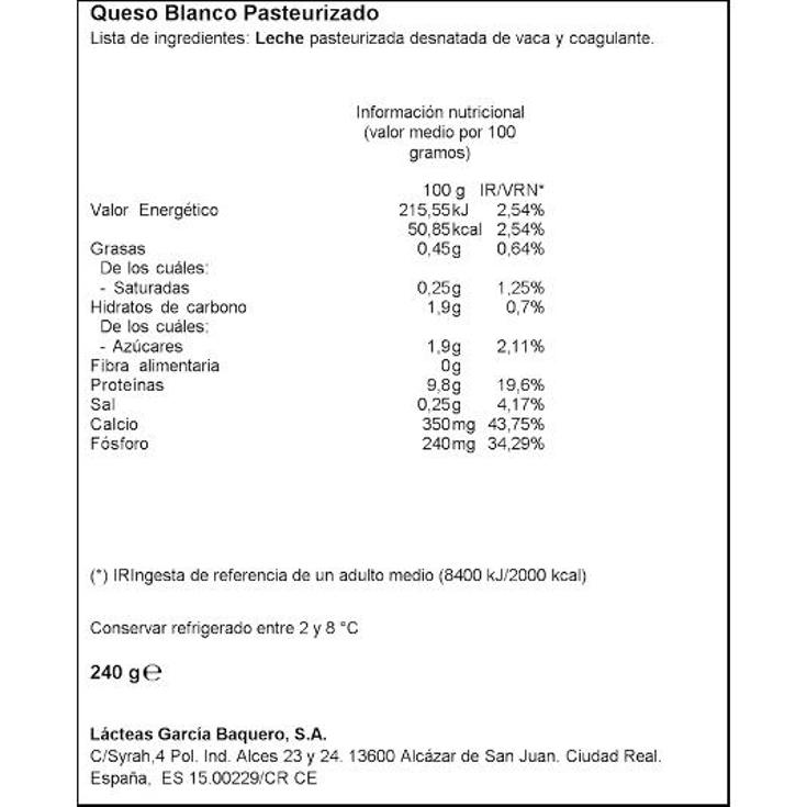 QUESO BURGOSLINEA 0%GRASA S/SAL G.BAQUERO PACK 240 GR