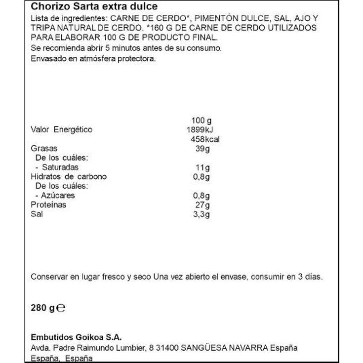 CHORIZO CASERO SARTA DULCE SPAR PIEZA 280 GR