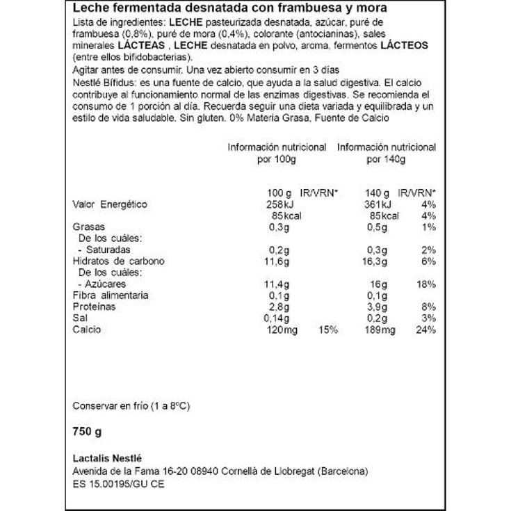 YOGUR LIQ.BIFIDUS 0% F.ROJOS NESTLE BTLLA 750 GR