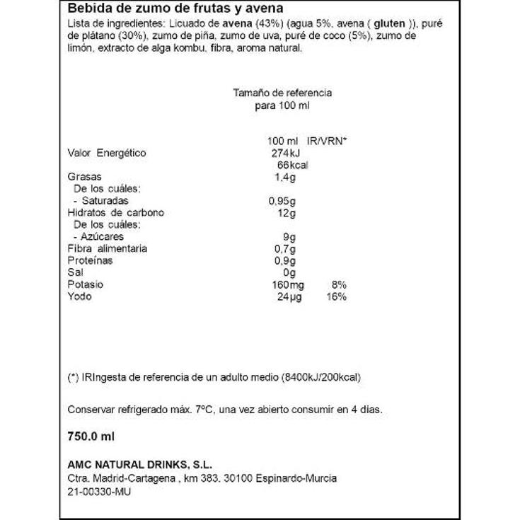 ZUMO REFRIGERADO FRUTAS AVENA VIA NATURE PET 750 ML