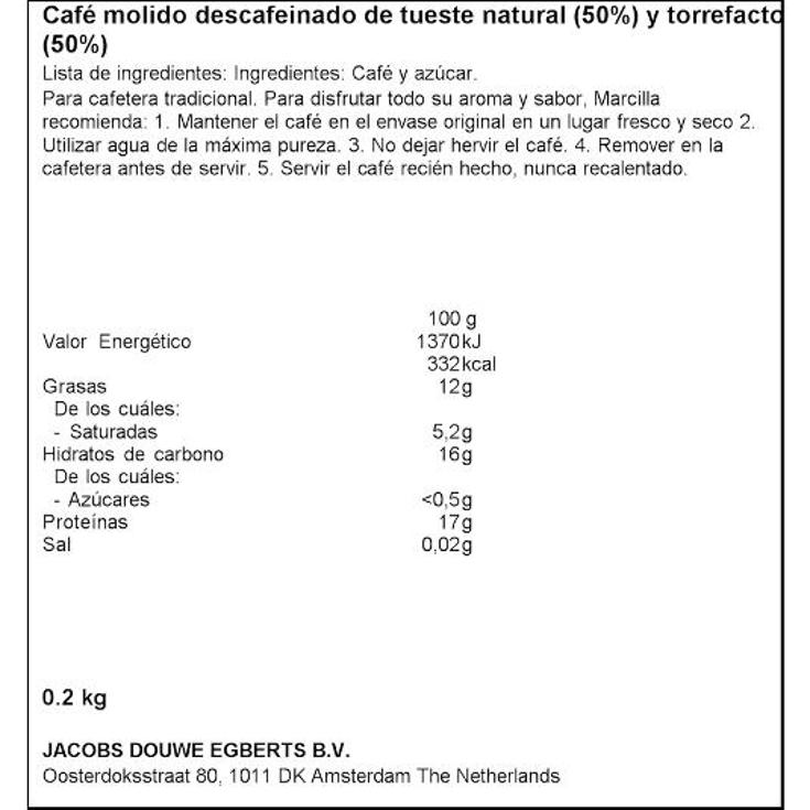 CAFE MOL.MEZCLA DESCAFEINADO MARCILLA PQTE 200 GR