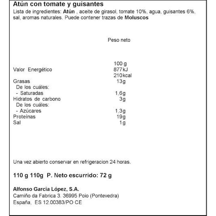 ATUN TOMATE GUISANTES PESCAMAR LATA 72 GR