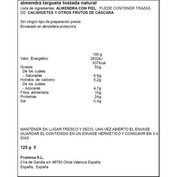 ALMENDRA LARGUE TOSTADA NATURAL SPAR BOLSA 125 GR