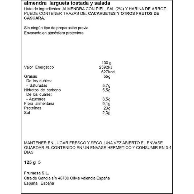 ALMENDRA LARGUET TOSTADA SAL SPAR BOLSA 125 GR