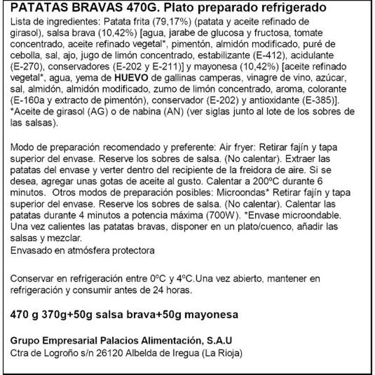 PATATAS BRAVAS REFRIGERADAS PALACIOS UNIDAD 470 GR