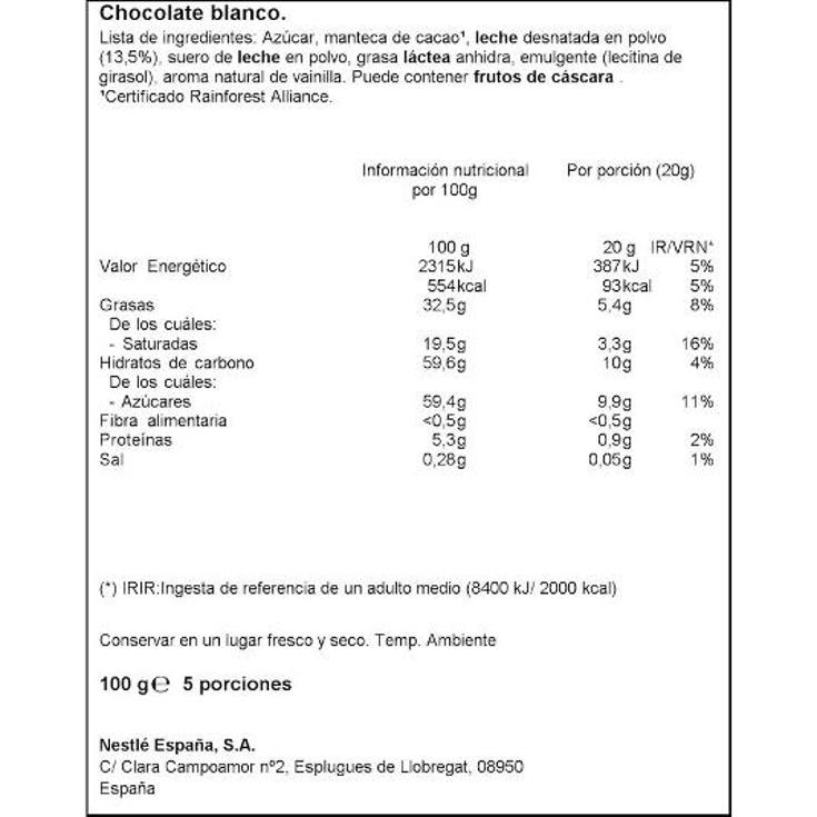 CHOCOLATE BLANCO MILKYBAR NESTLE PTLLA 100 GR