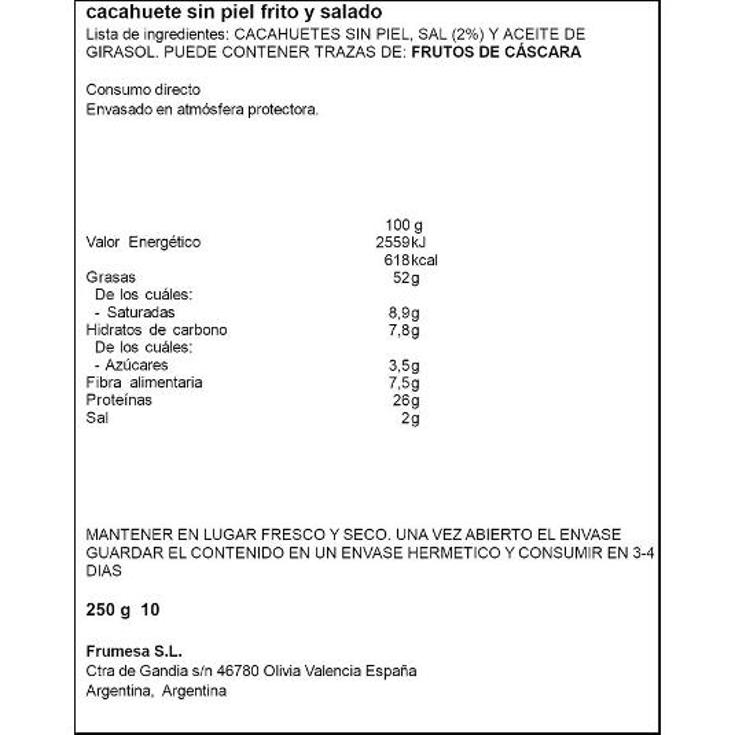 CACAHUETE VIRG REPELADO FRITO SPAR BOLSA 250 GR