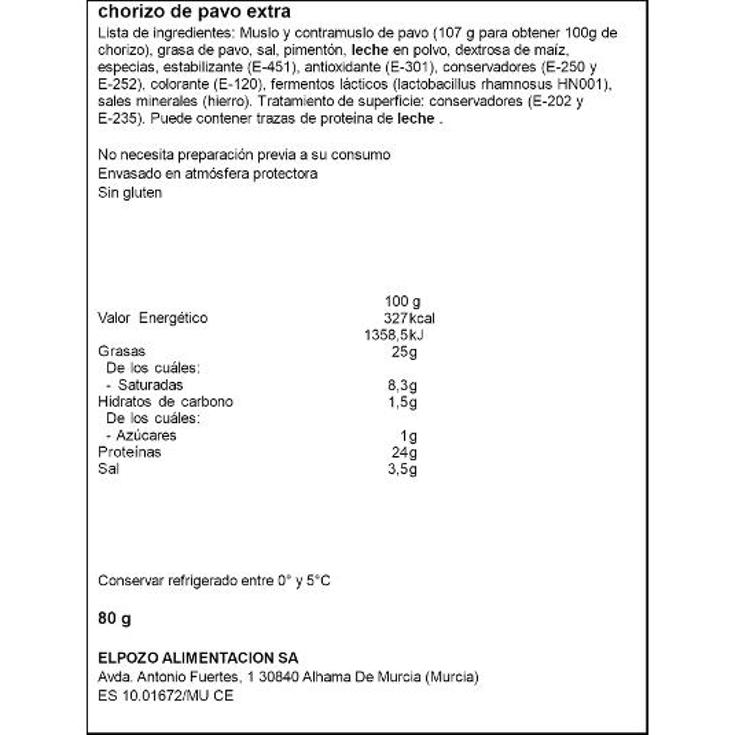 CHORIZO DE PAVO ELPOZO PQTE 80 GR