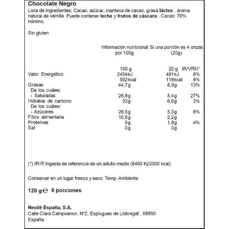 CHOCOLATE NEGRO 70% NESTLE PTLLA 120 GR