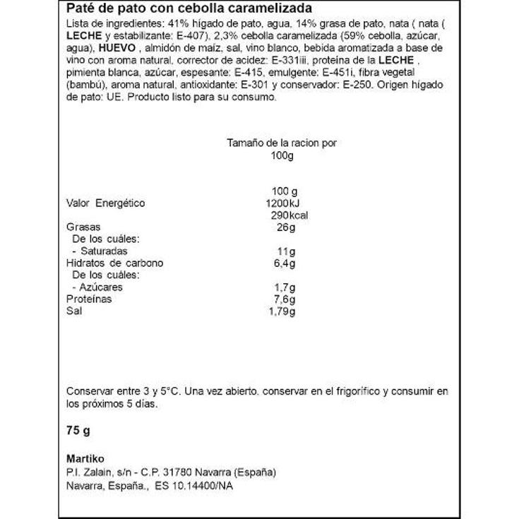PATE DE PATO C/CEB0LLA CARAMELI MARTIKO UNIDAD 75 GR