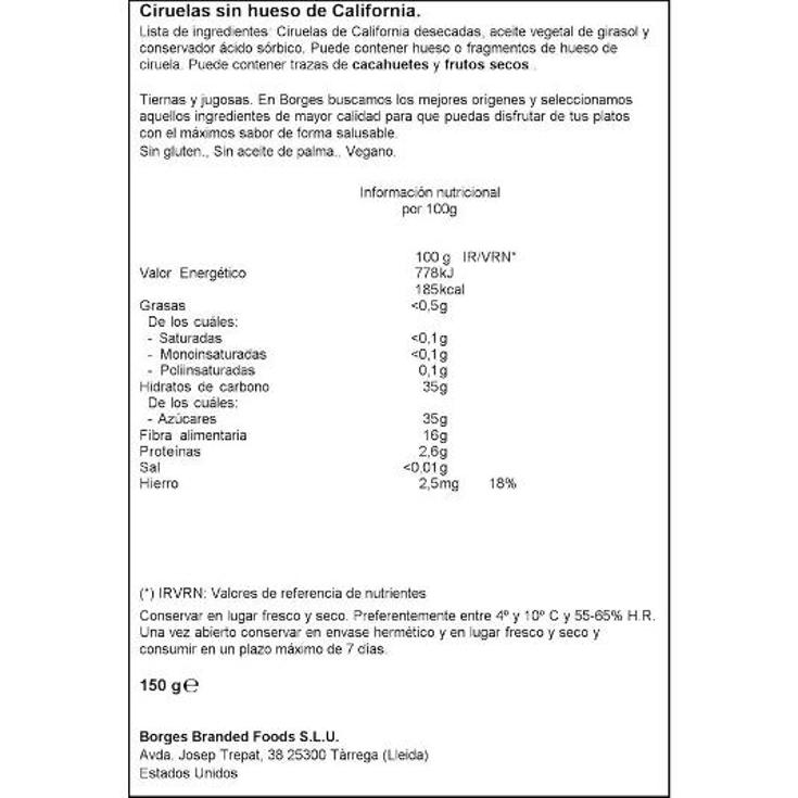 CIRUELAS CALIFORNIA SIN HUESO BORGES BOLSA 150 GR