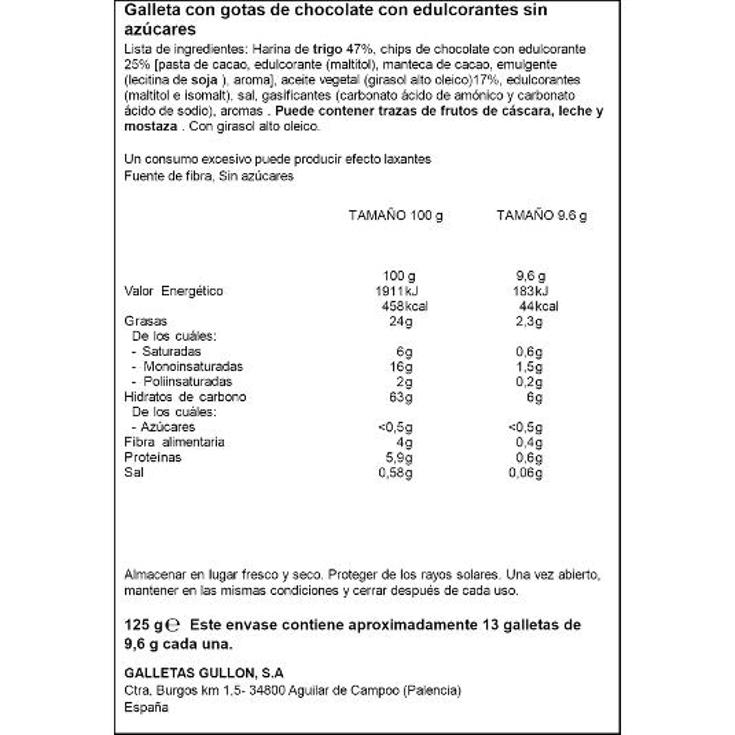 GALLETAS ZERO CHIP-CHOCO S/AZ. GULLON PQTE 125 GR