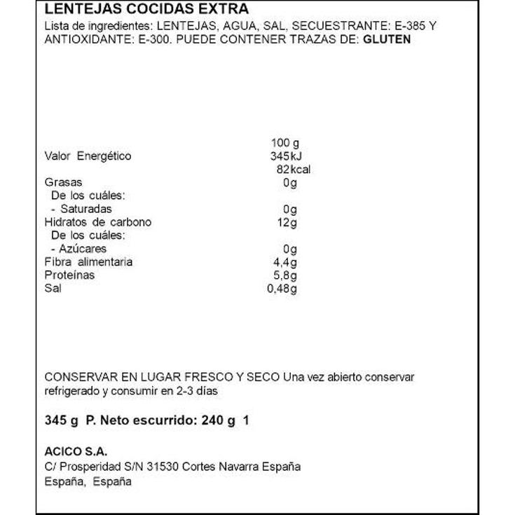 LENTEJAS COCIDAS SPAR FRASCO 240 GR