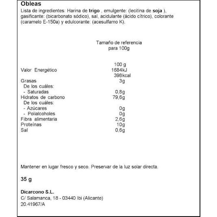 OBLEAS PARA BARRA HELADO DICAR PQTE 35 GR