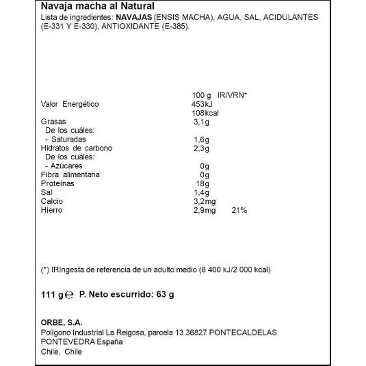 NAVAJAS CHILENAS AL NATURAL SPAR LATA 63 GR